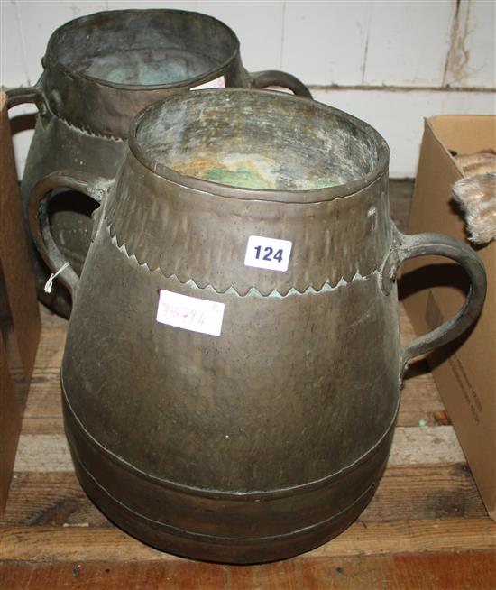 Pair of Middle Eastern twin handled copper pots, 19th century,